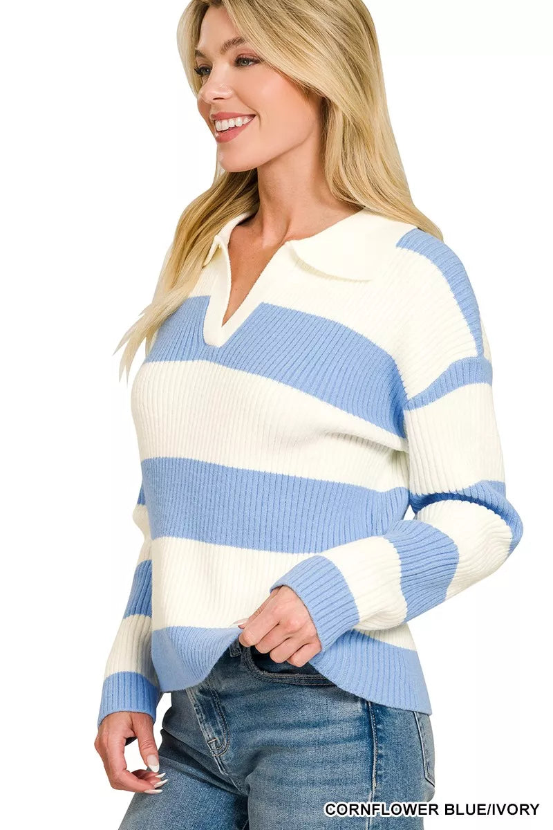 Zenana Oversized Striped Collared Sweater in Cornflower Blue/Ivory