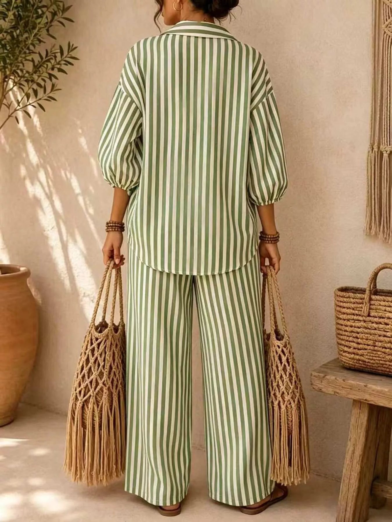 Striped Puff-Sleeve Top and Wide-Leg Pants Set