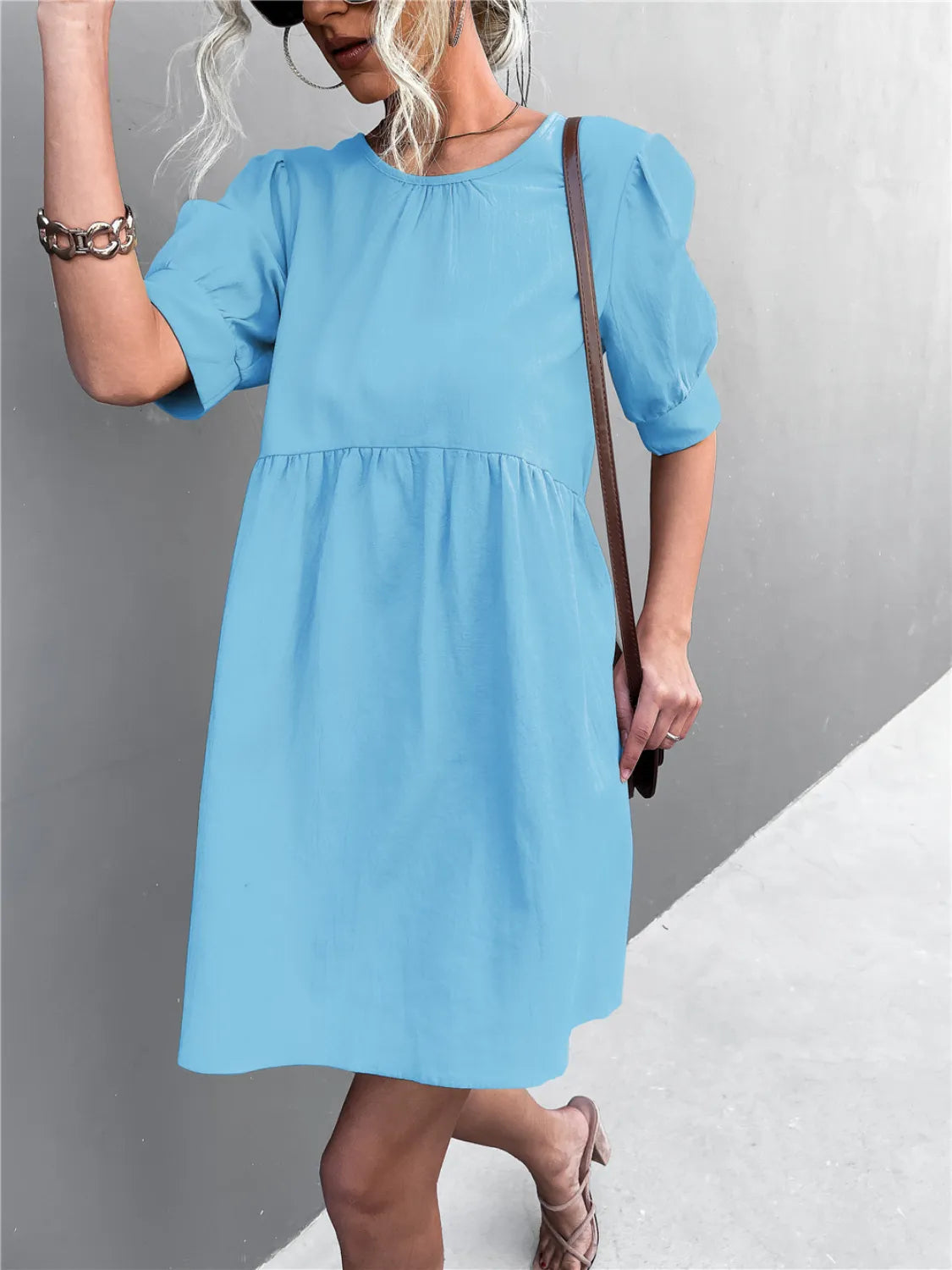 Round Neck Puff Sleeve Mini Dress in Pastel Blue in Pastel  Blue