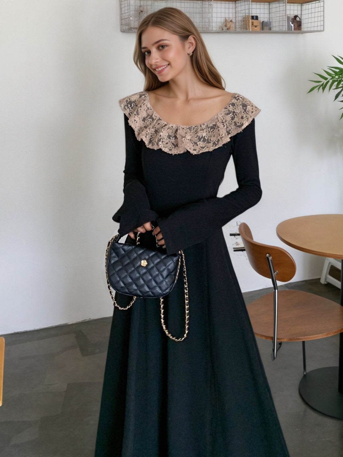 Lace Collar Long Sleeve Dress in Black