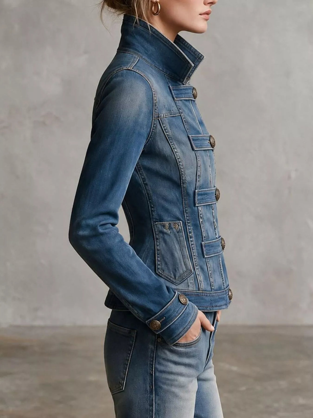 Button-Up Fitted Denim Jacket in Dusty Blue