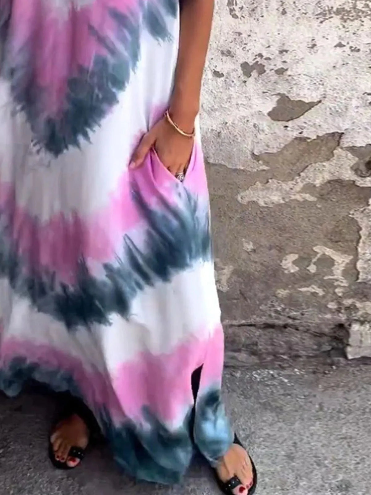 Tie-Dye V-Neck Midi Dress with Pockets