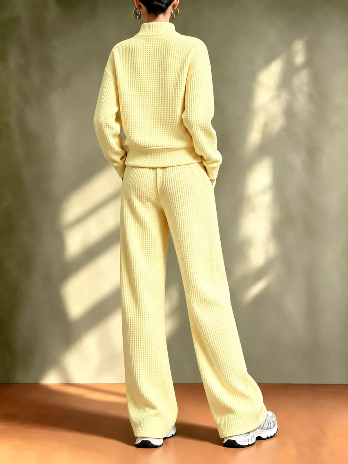 Waffle Knit Button-Up and Wide-Leg Pants Set
