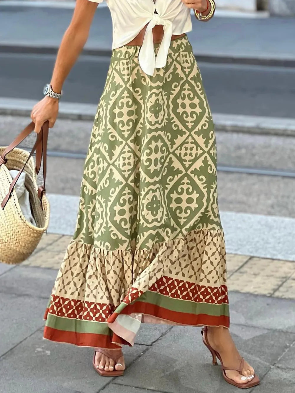 Geometric Print Elastic-Waist Maxi Skirt