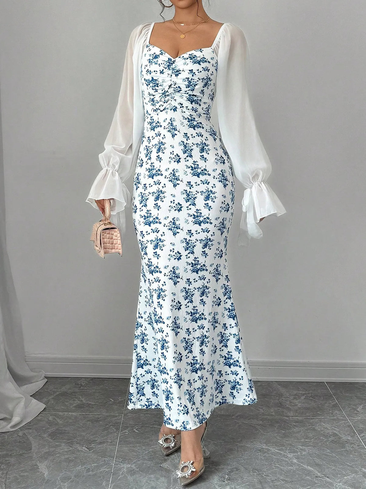 Floral Sweetheart Maxi Dress in Light Blue