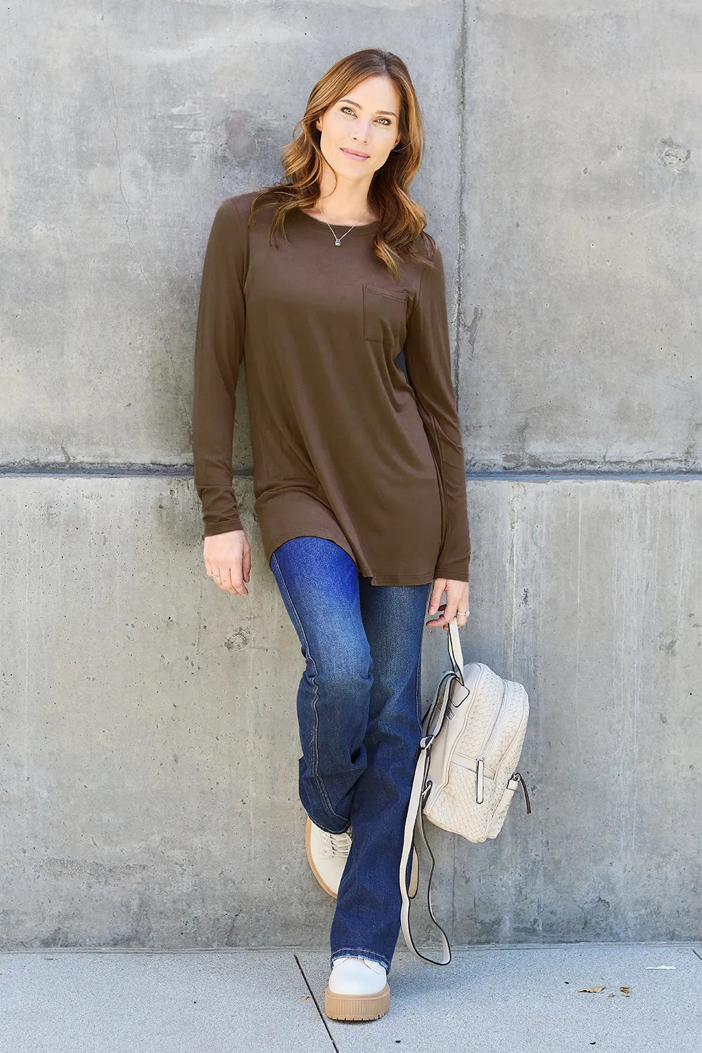 Basic Bae Pocketed Round Neck Long Sleeve Top