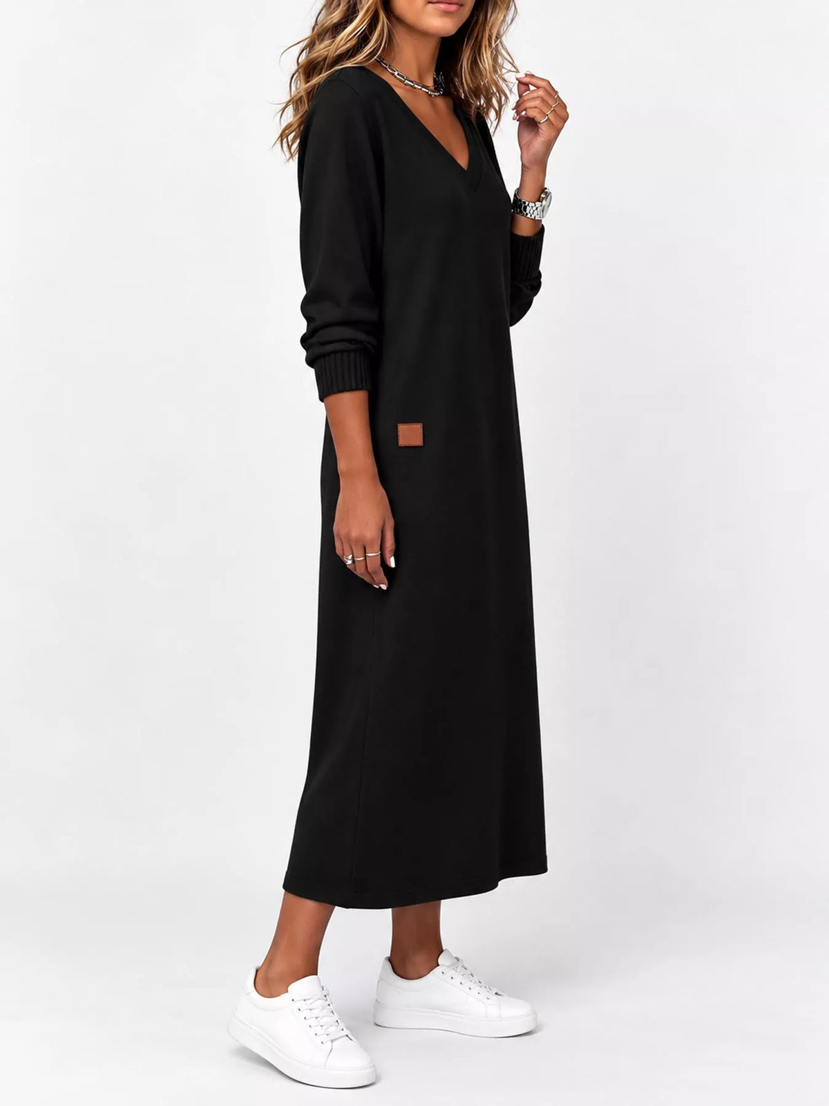V-Neck Long Sleeve Midi Dress