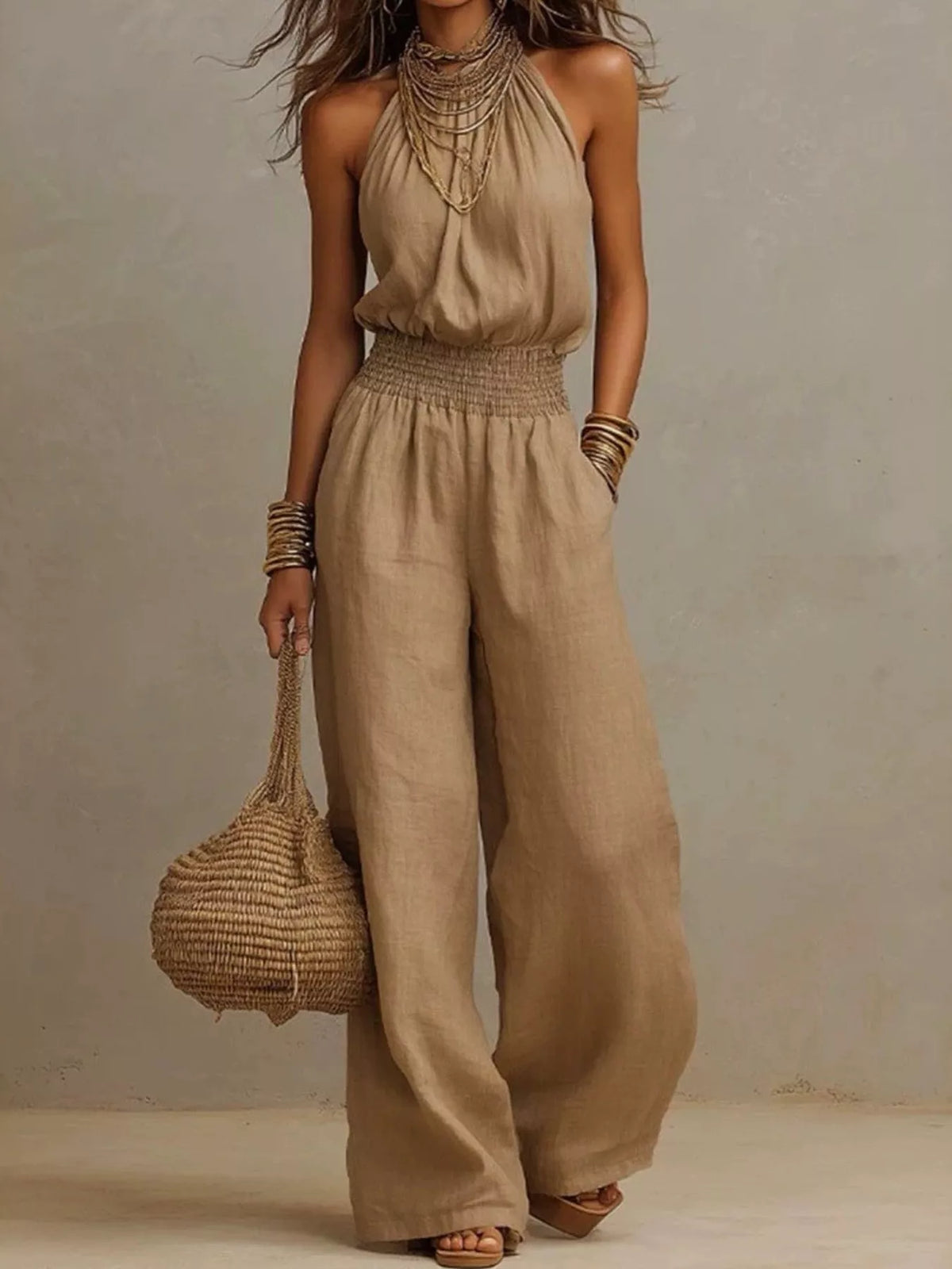 Halter Neck Smocked Wide-Leg Jumpsuit