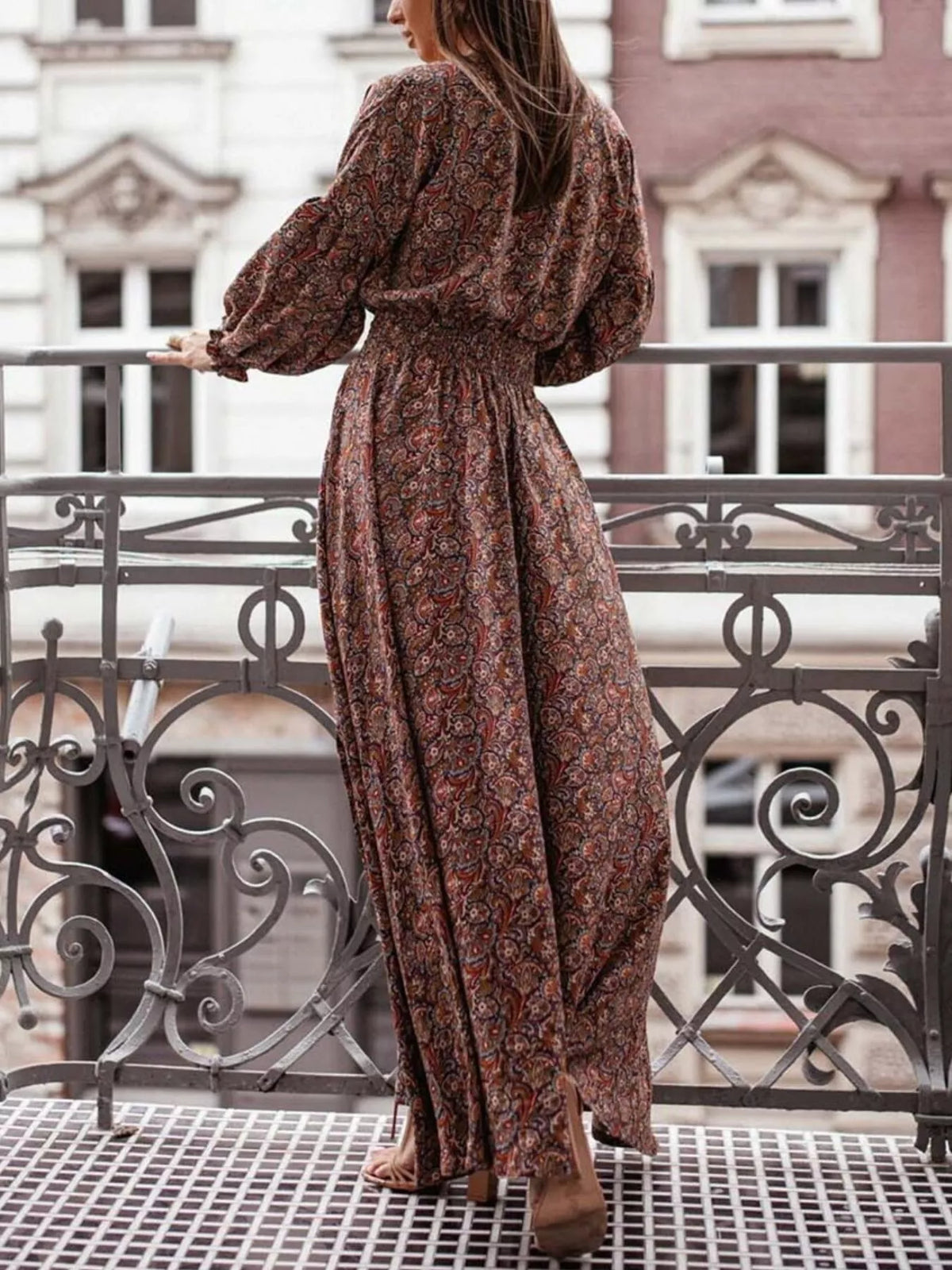 Printed Maxi Dress with Plunging Neckline