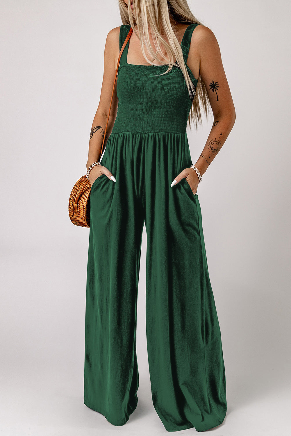 Smocked Square Neck Wide Leg Jumpsuit