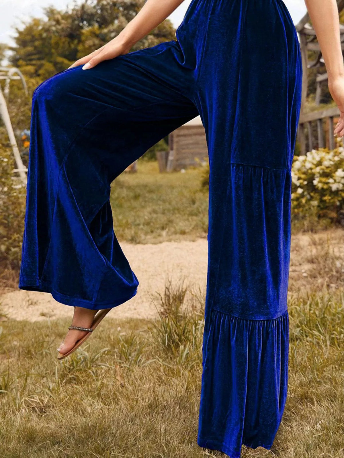 Ruched Velvet Wide-Leg Pants