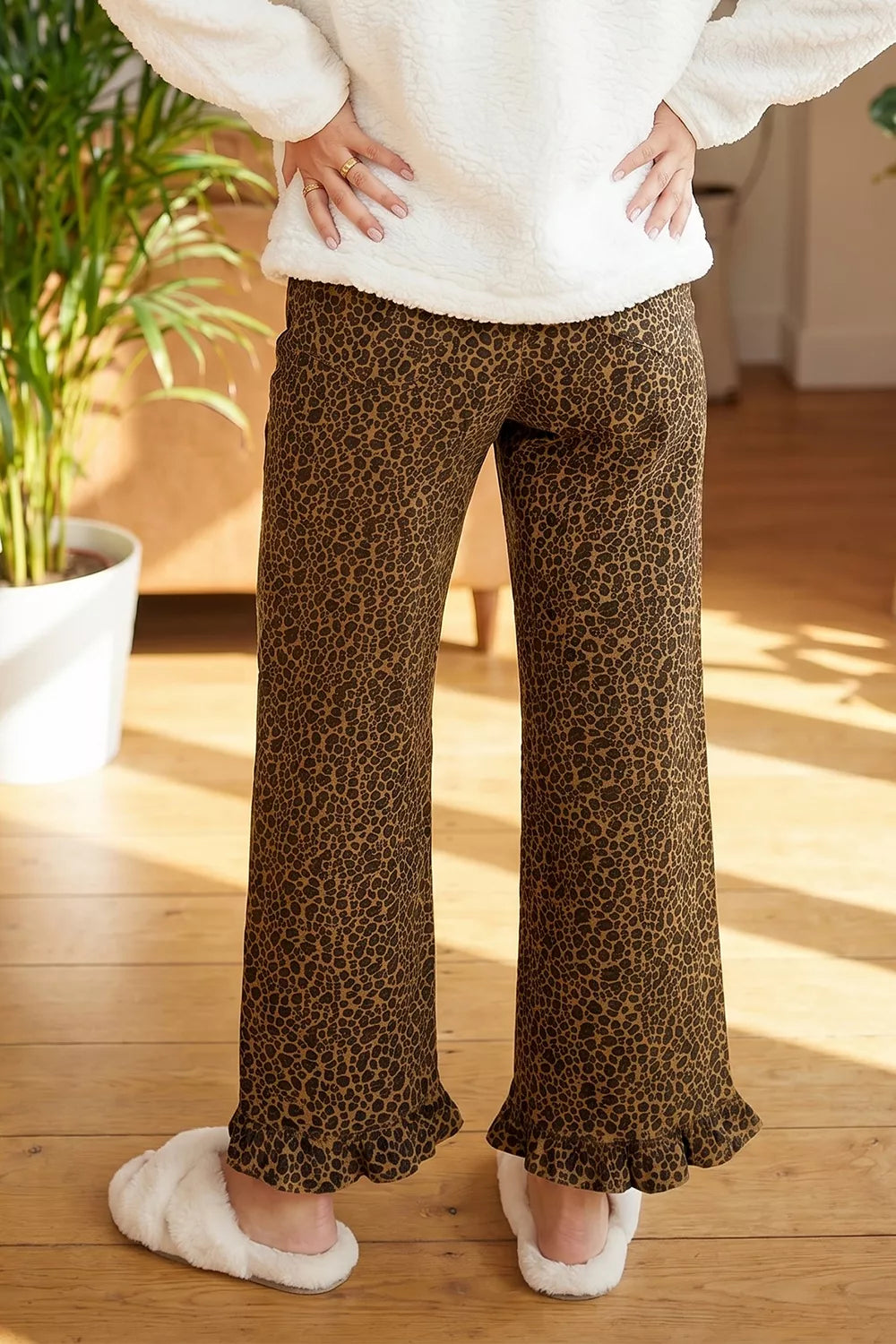 Leopard Print Ruffled Hem Jeans in Dark Brown