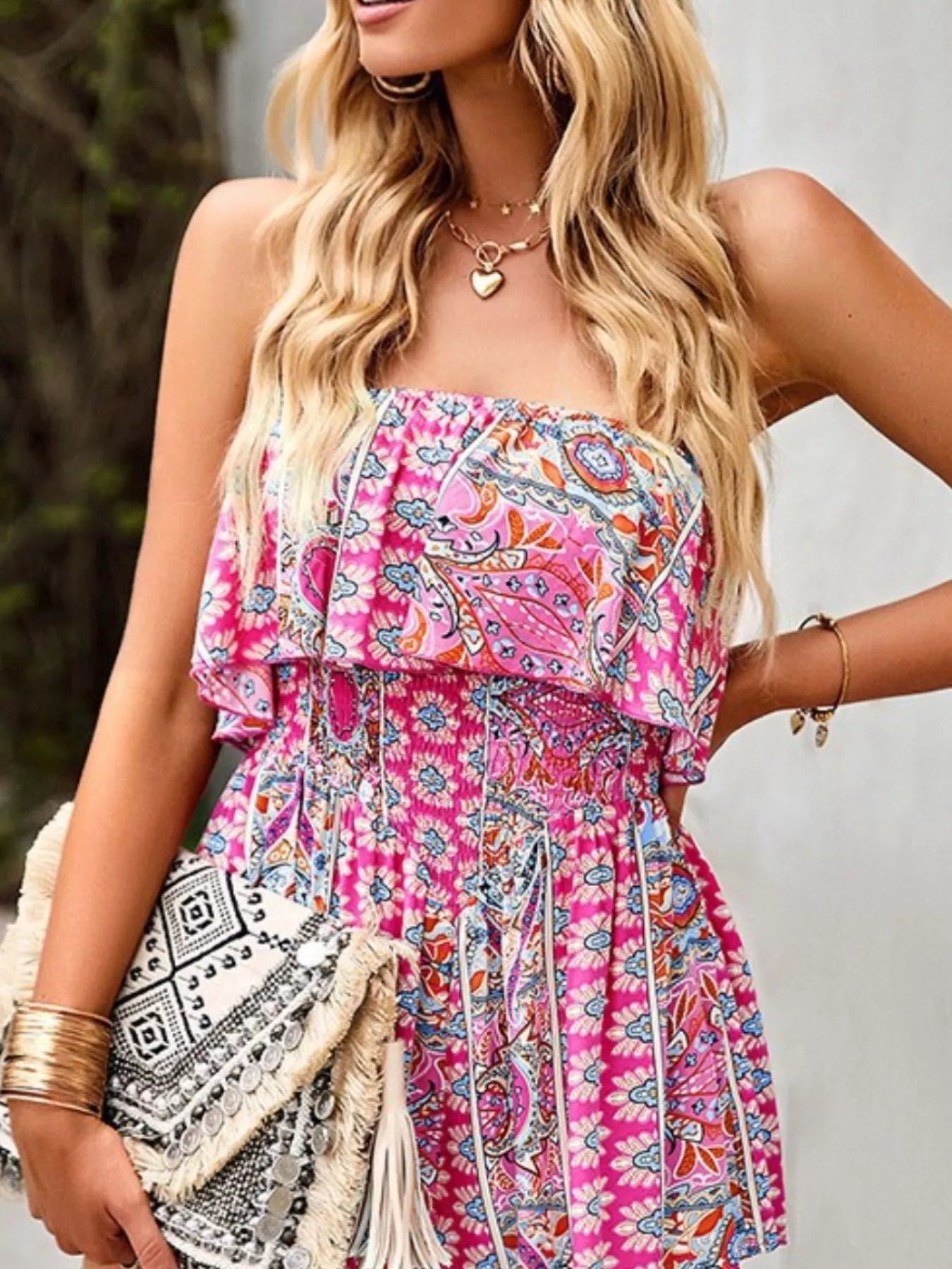 Printed Tube Romper with Smocked Waist