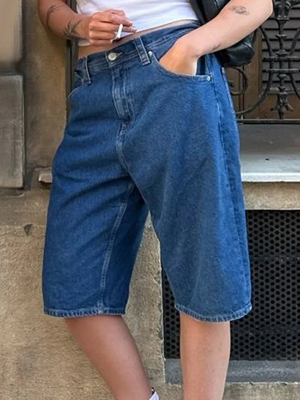 High Waist Denim Shorts in Dusty Blue or Navy by Y.Y@Denim