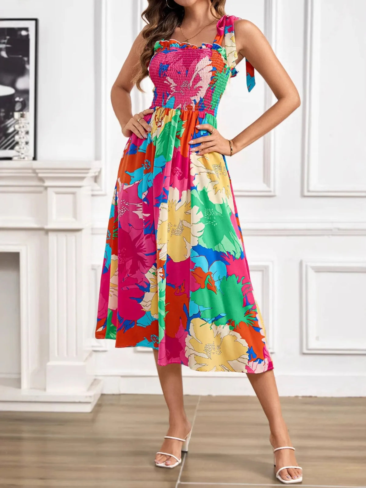 Smocked Tie-Shoulder Midi Dress in Hot Pink