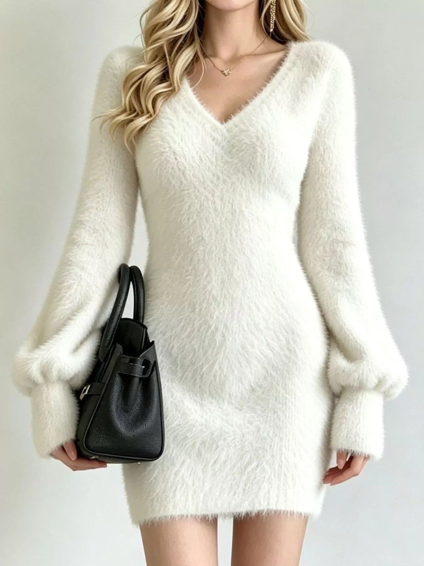 Fuzzy Knit V-Neck Sweater Dress