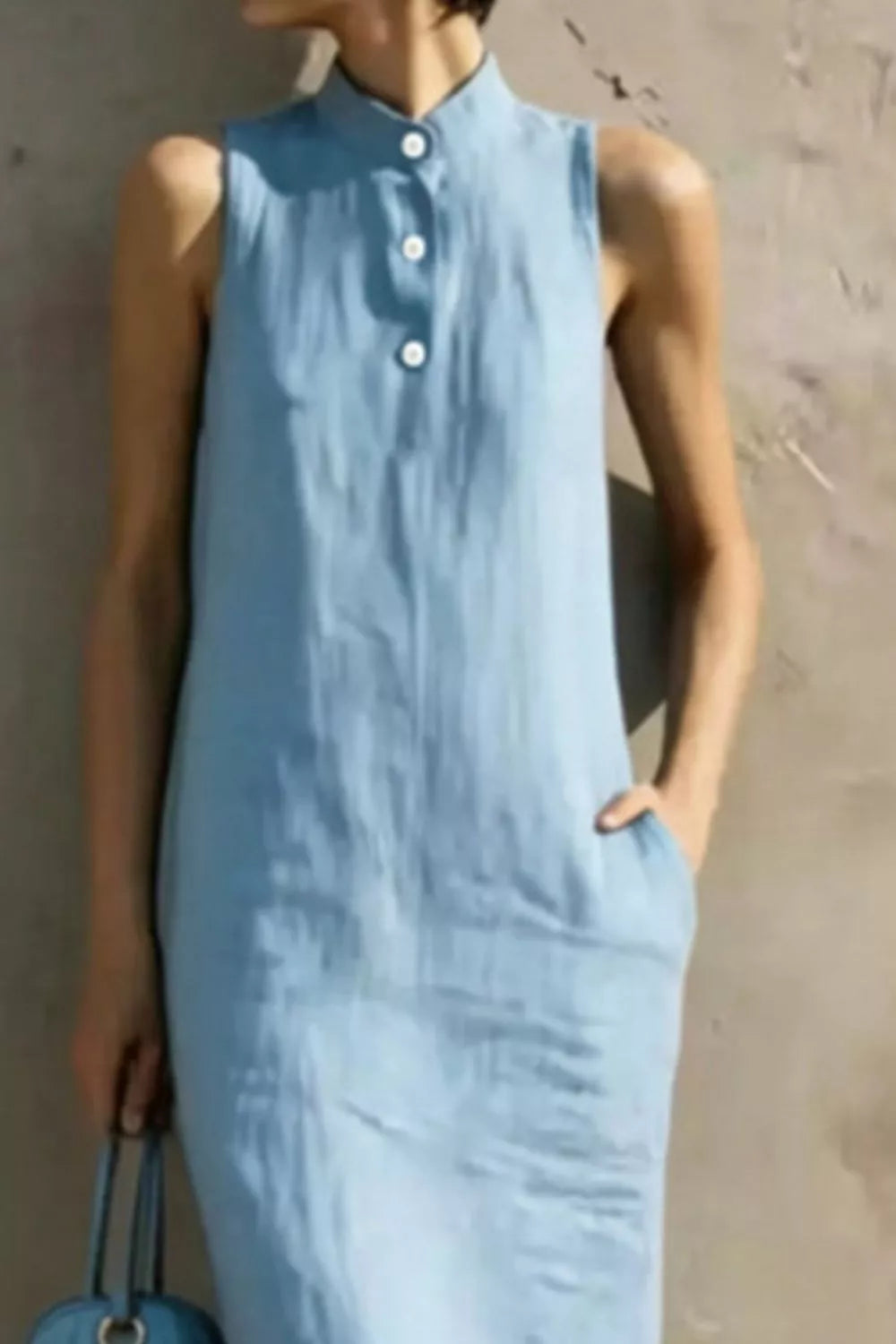 Button Detail Midi Dress in Light Blue