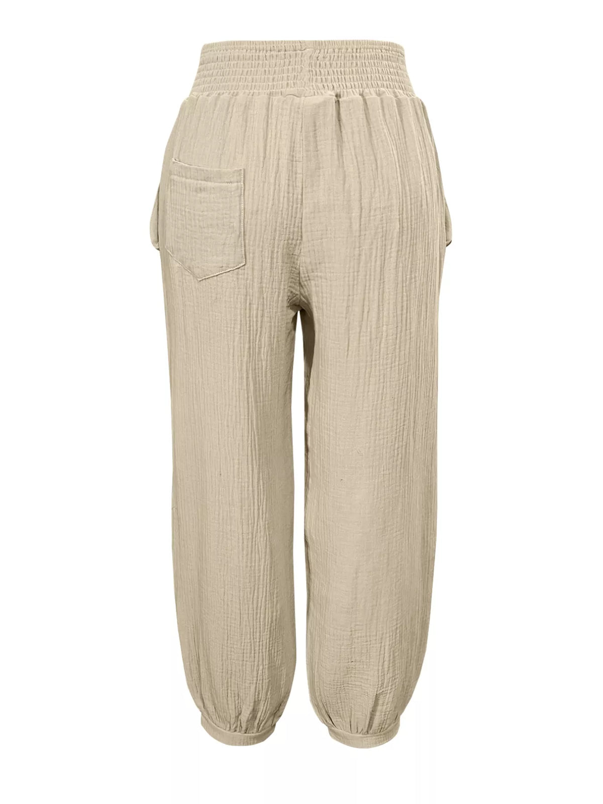 Smocked Textured Casual Pants in Beige