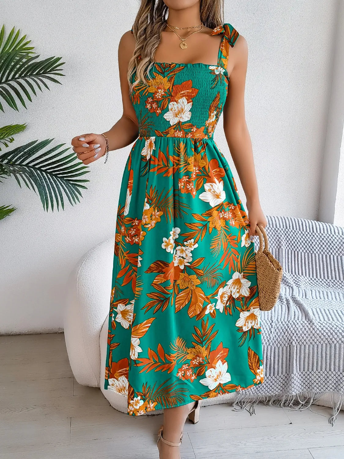 Smocked Floral Tie-Shoulder Midi Dress