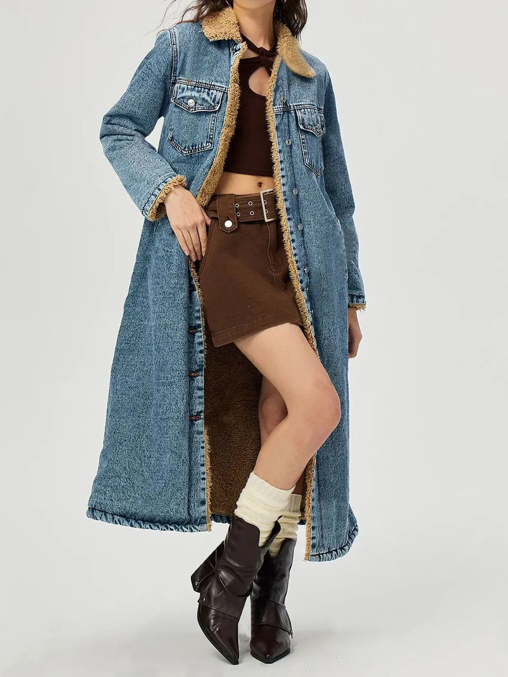 Fur Lined Denim Jacket in Medium Wash