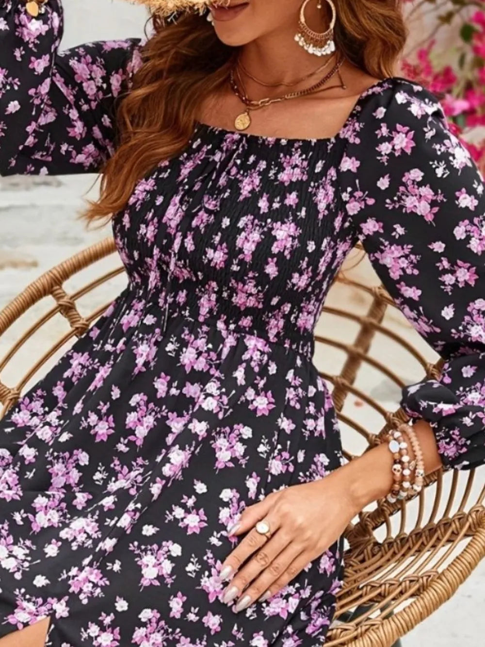 Smocked Floral Square Neck Midi Dress
