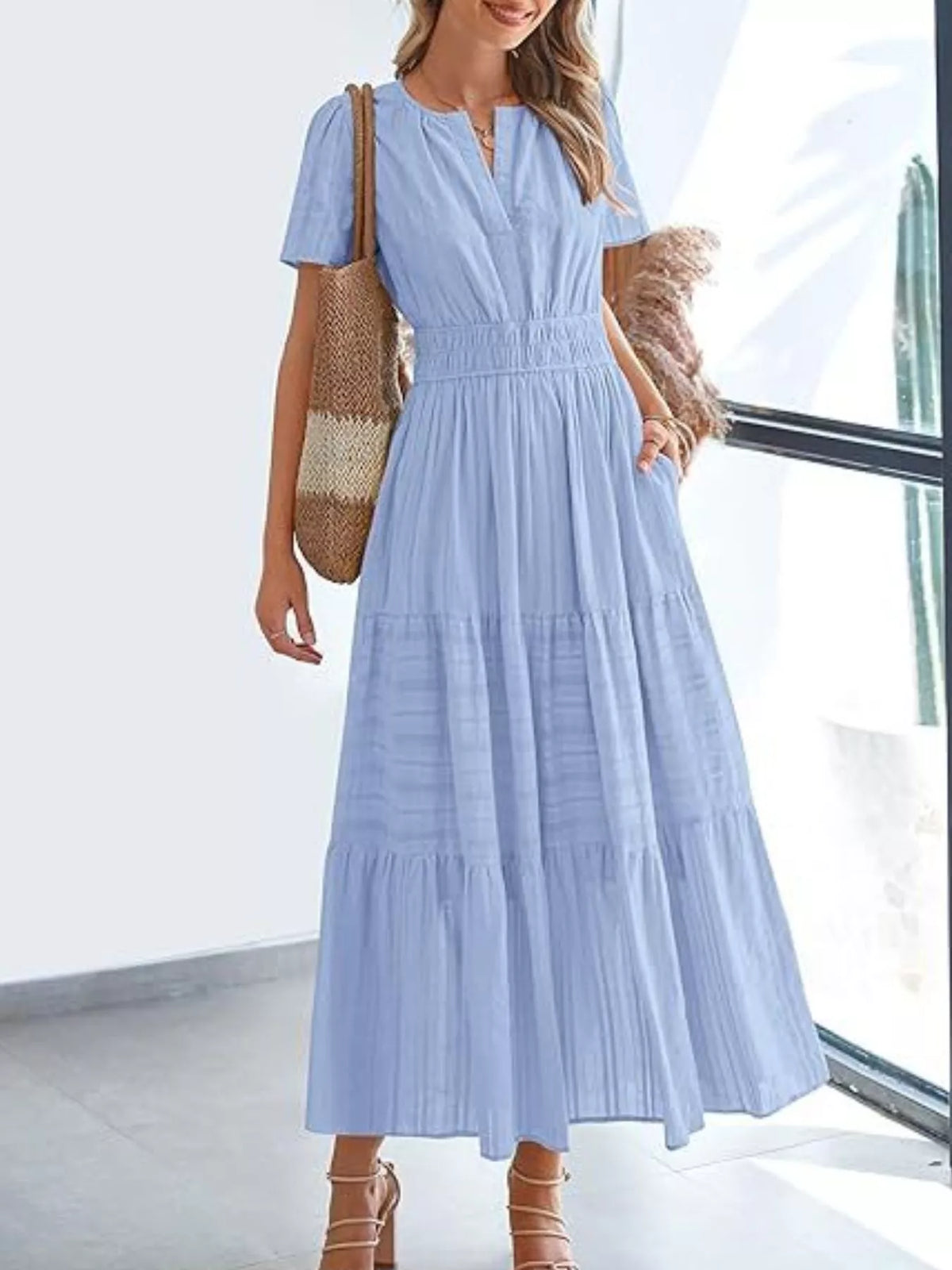 Short Sleeve Tiered Midi Dress with Pockets
