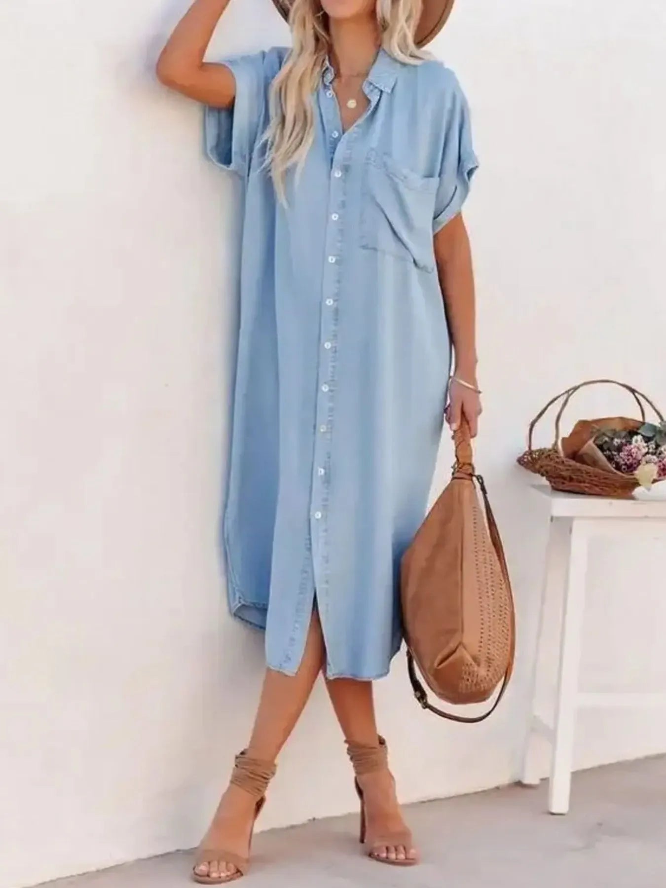 Button Down Denim Midi Shirt Dress in 1907 Color