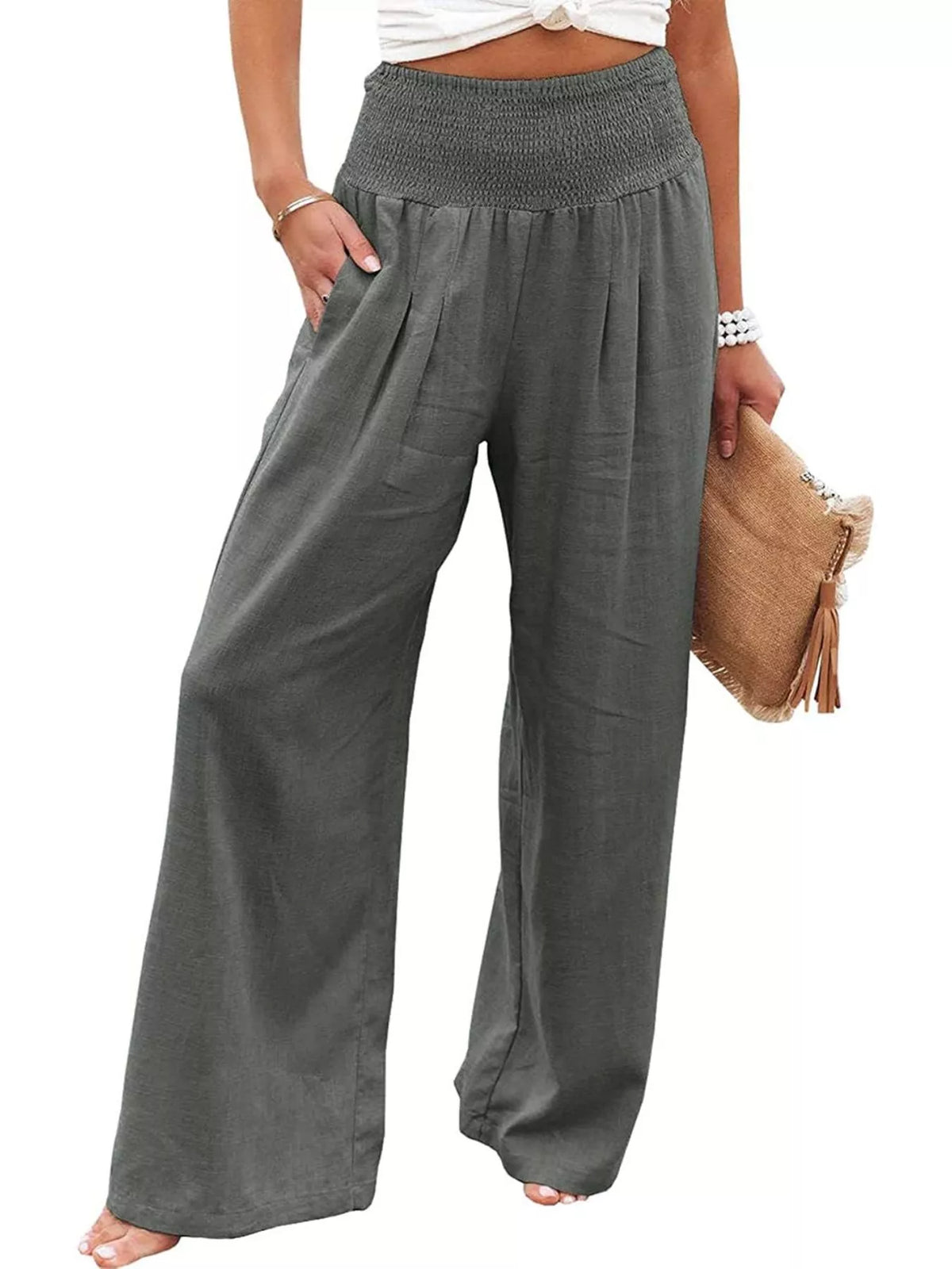 Smocked High-Waisted Wide Leg Pants