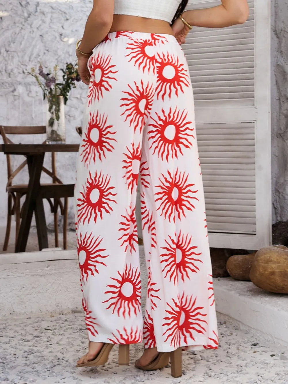 Drawstring Printed Wide Leg Pants