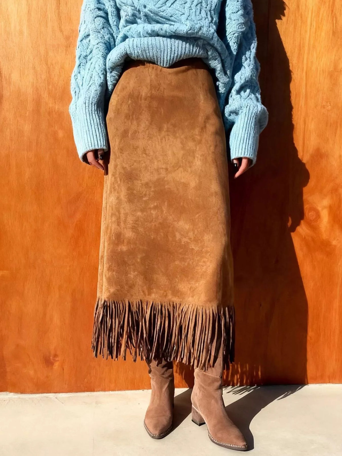 High-Waisted Suede Fringe Midi Skirt