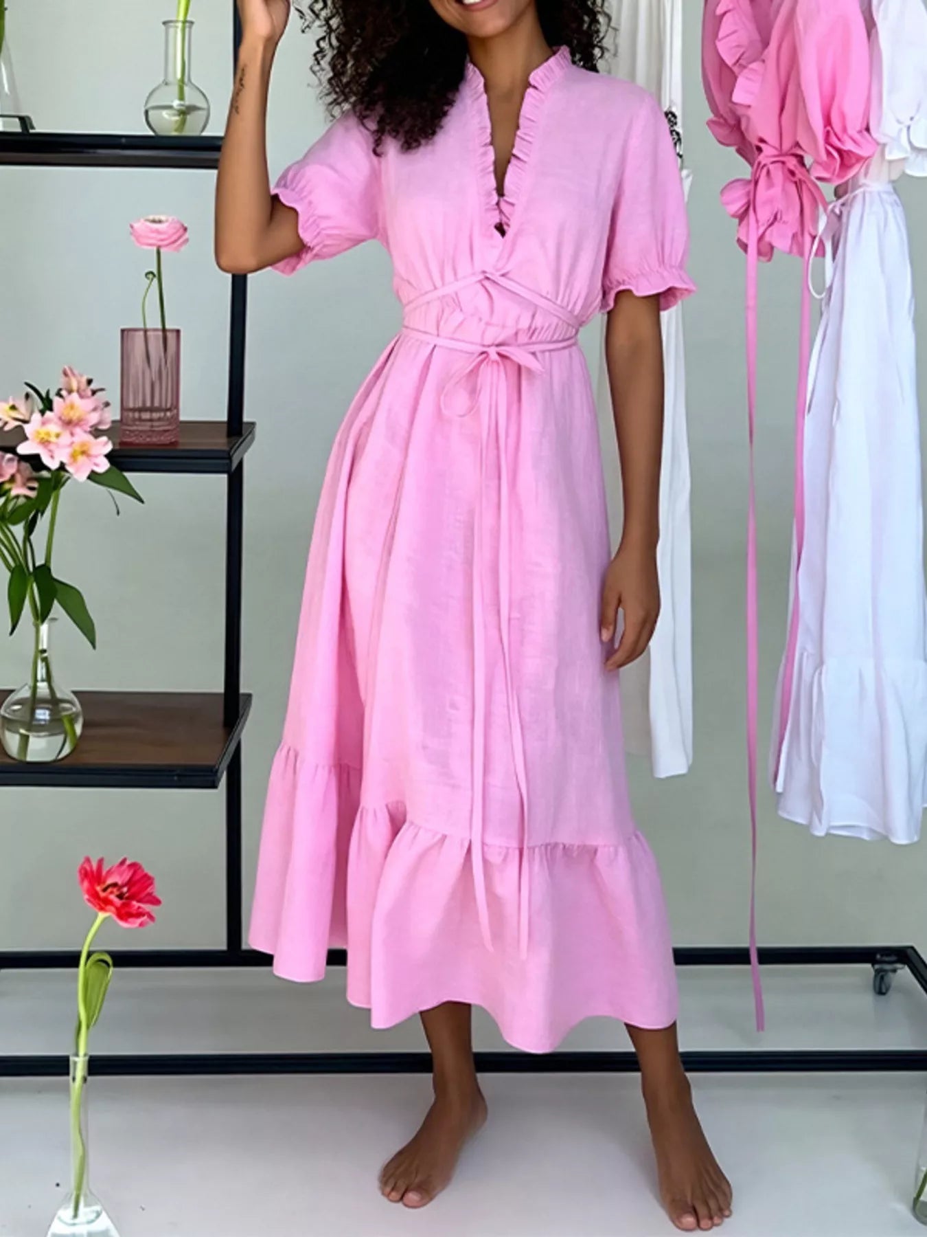 Ruffle Trim Puff Sleeve Maxi Dress