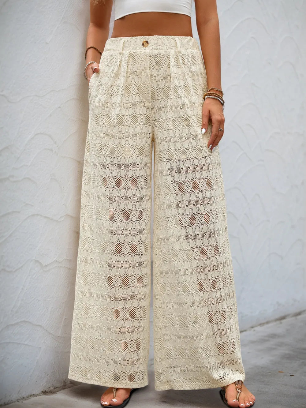 Decorative Button Wide Leg Pants in Cream