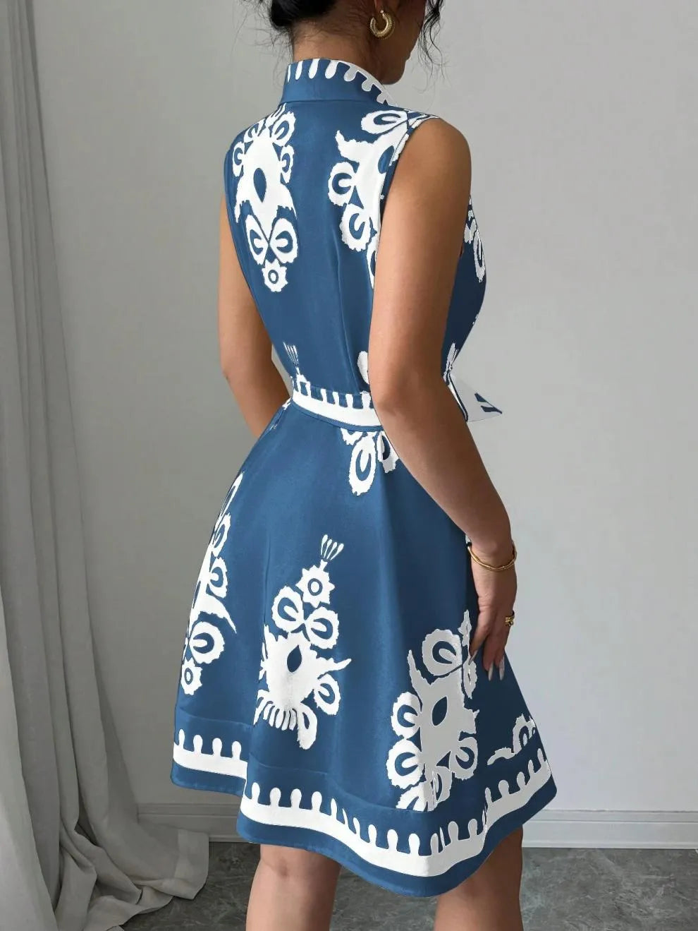 Printed Button-Front Sleeveless Dress