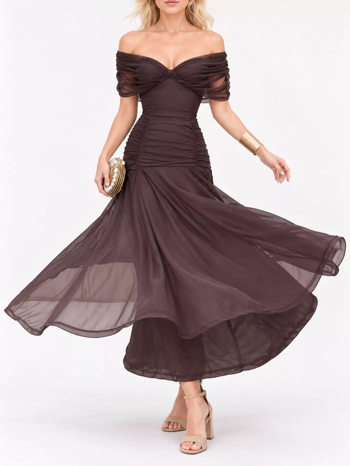 Off-Shoulder Ruched Tulle Evening Maxi Dress