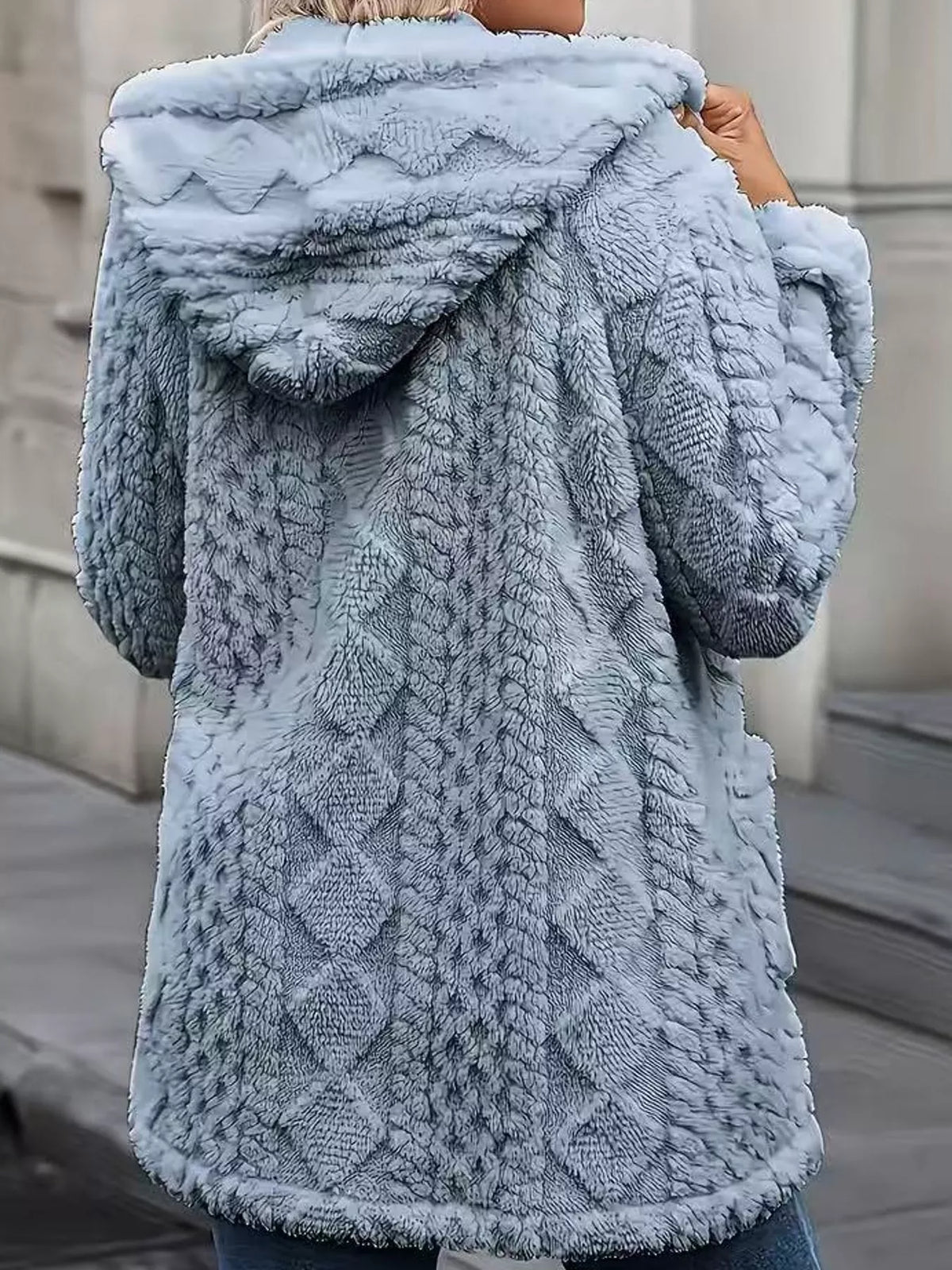 Faux Fur Hooded Zip-Up Jacket in Ocean Blue