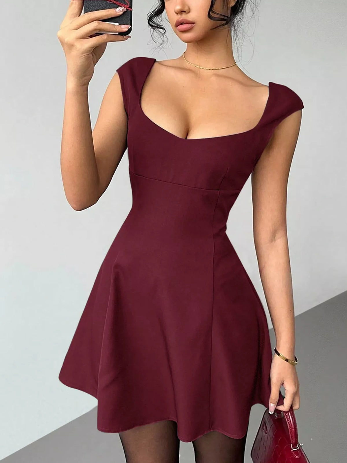Sleeveless A-Line Mini Dress in Burgundy