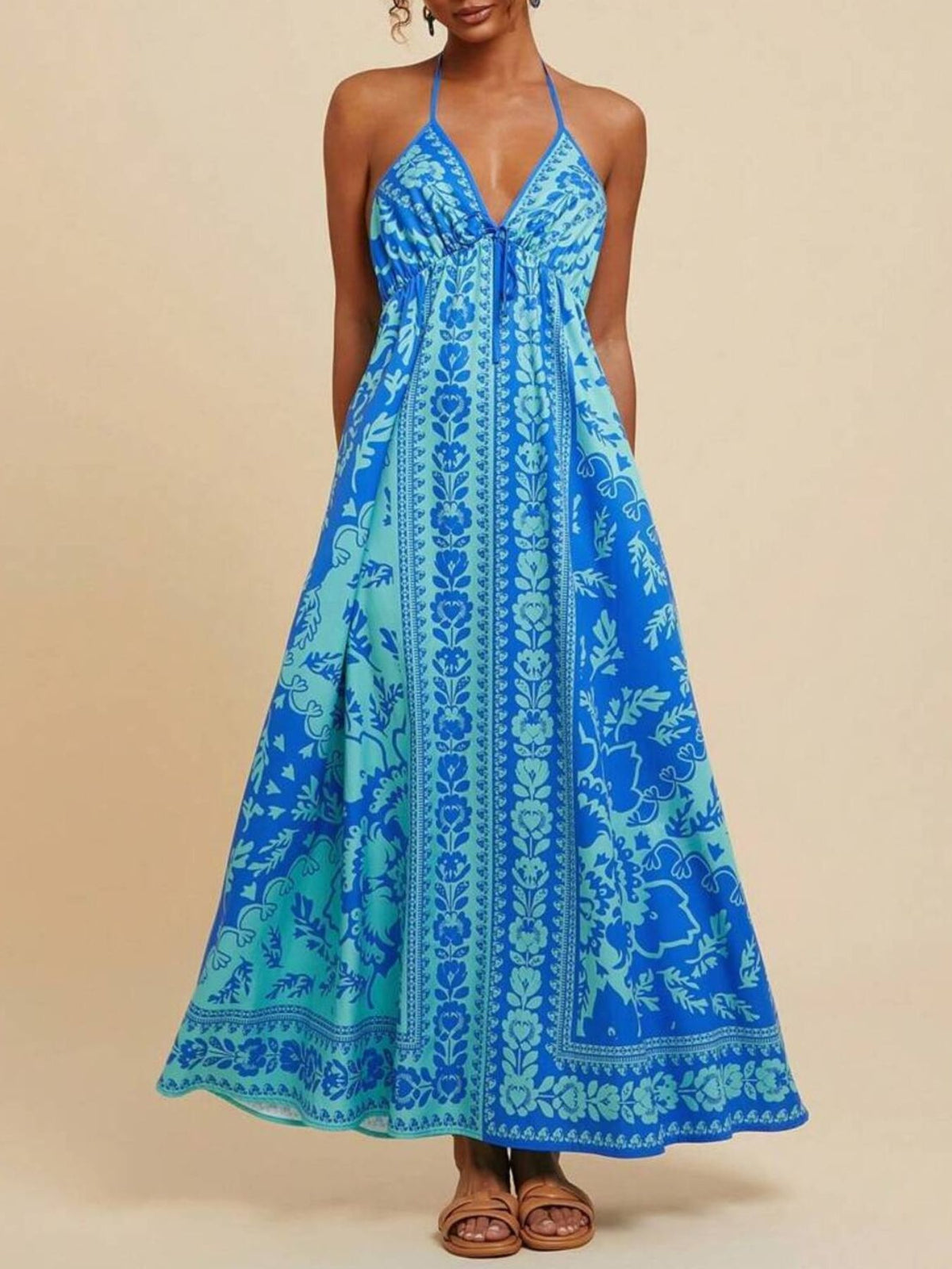 Bohemian Floral Halter Maxi Dress in Blue
