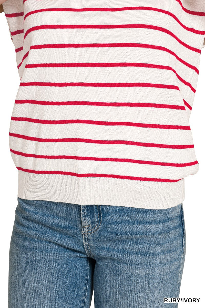 Zenana Striped Collared Sweater Vest in Ruby & Ivory in Ruby/ivory