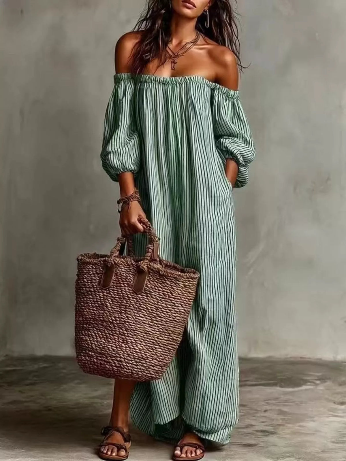 Off-Shoulder Striped Maxi Dress with Puff Sleeves