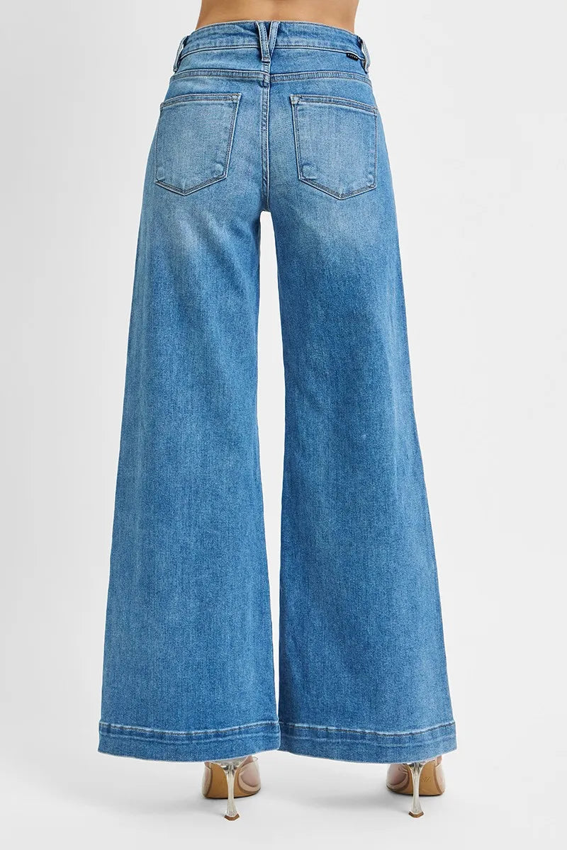 Risen Mid Rise Wide Leg Patch Pocket Jeans in Medium