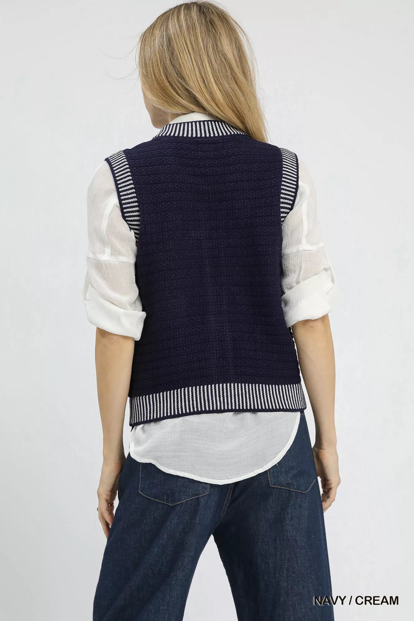 Umgee Striped Trim Button-Down Sweater Vest in Navy and Cream in Navy / cream