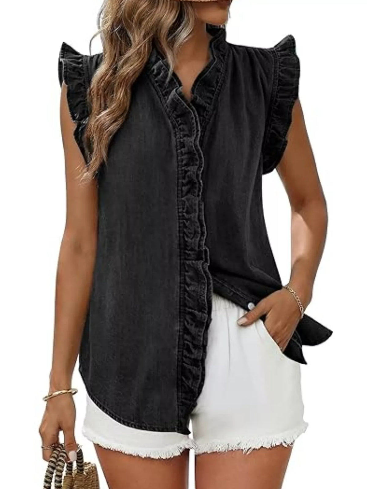Ruffle Trim V-Neck Denim Top