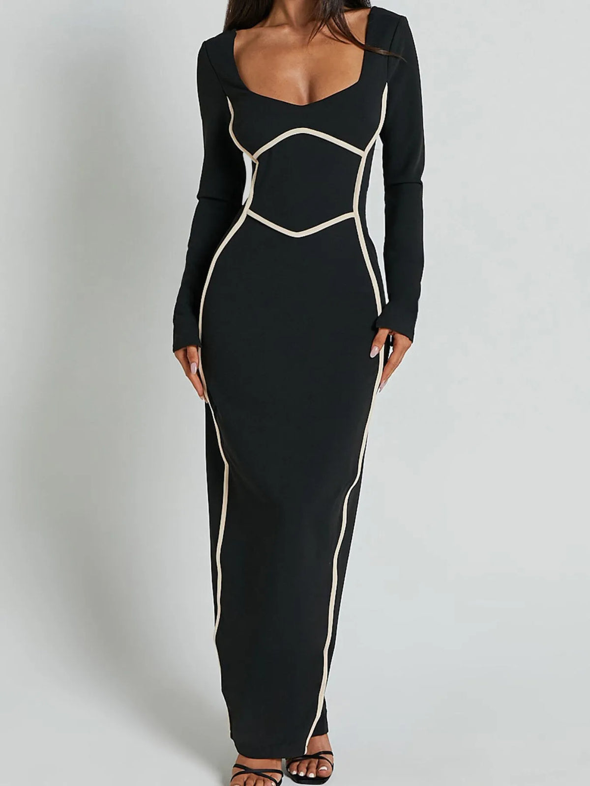 Contrast Trim Bodycon Maxi Dress in Black
