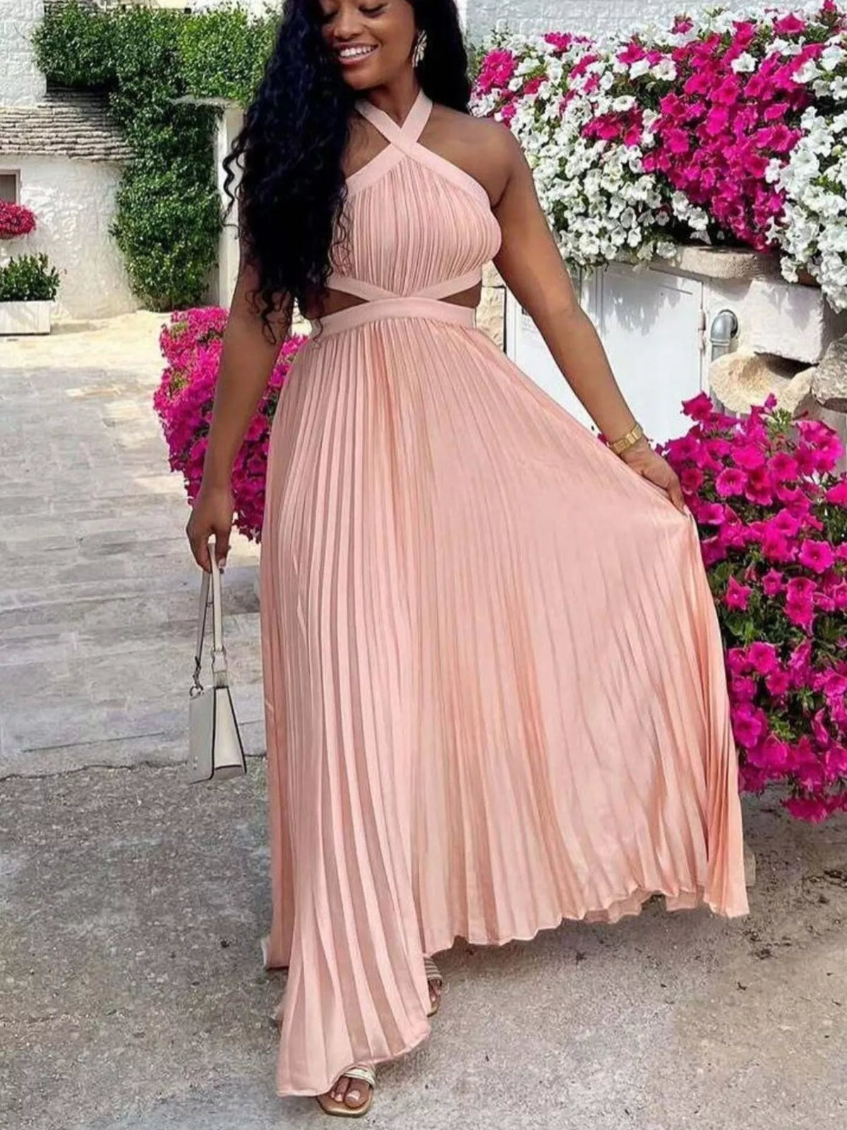 Halter Neck Pleated Maxi Dress in Watermelon Pink