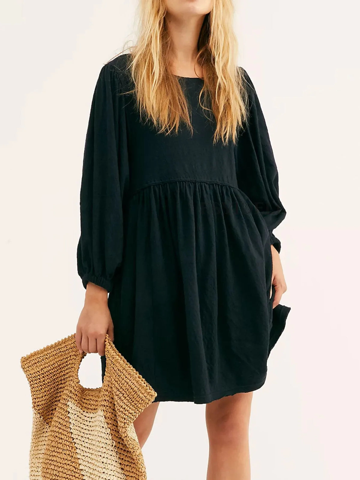 Relaxed Textured Babydoll Mini Dress with Keyhole Back
