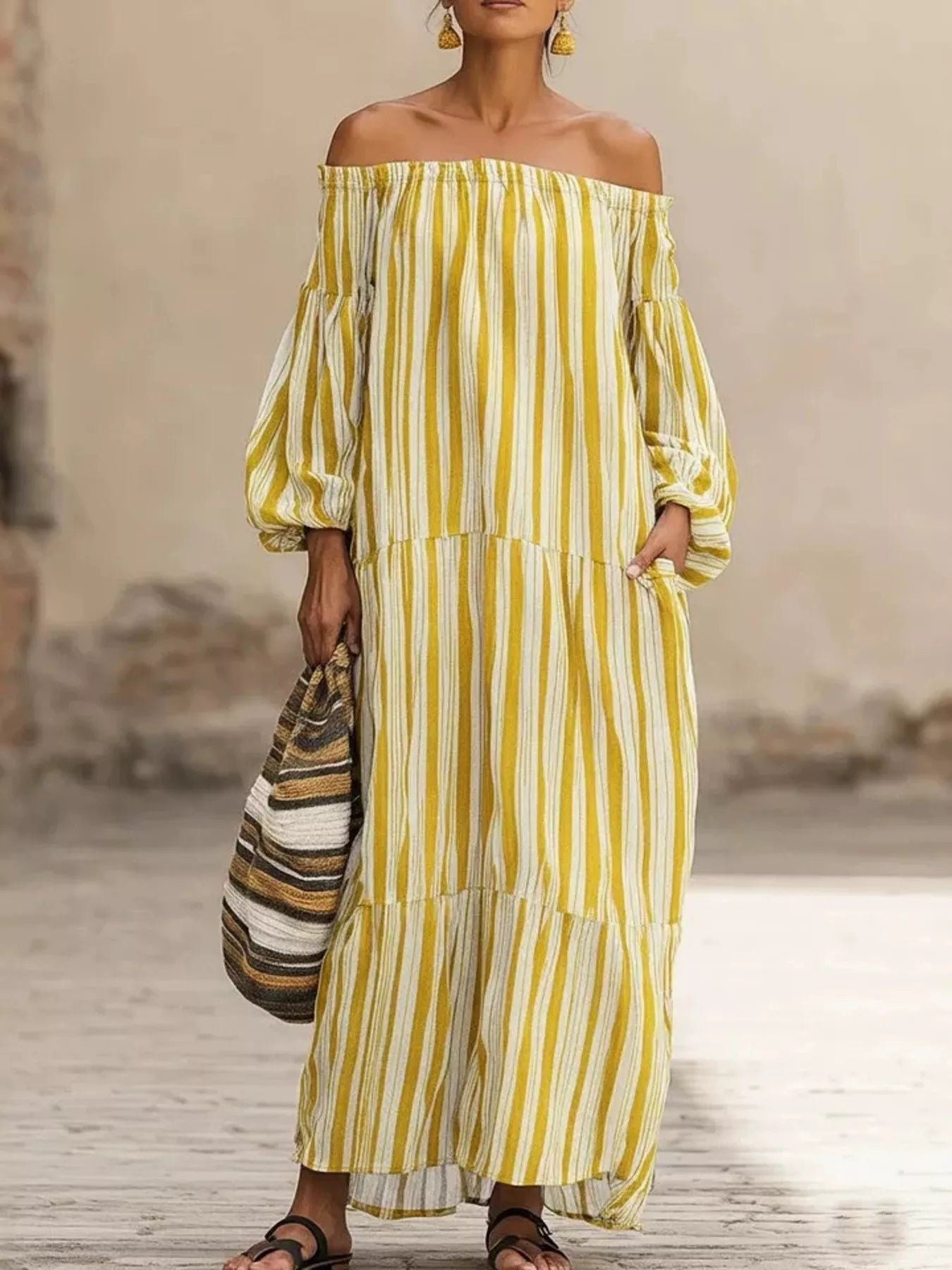 Striped Off-Shoulder Maxi Dress