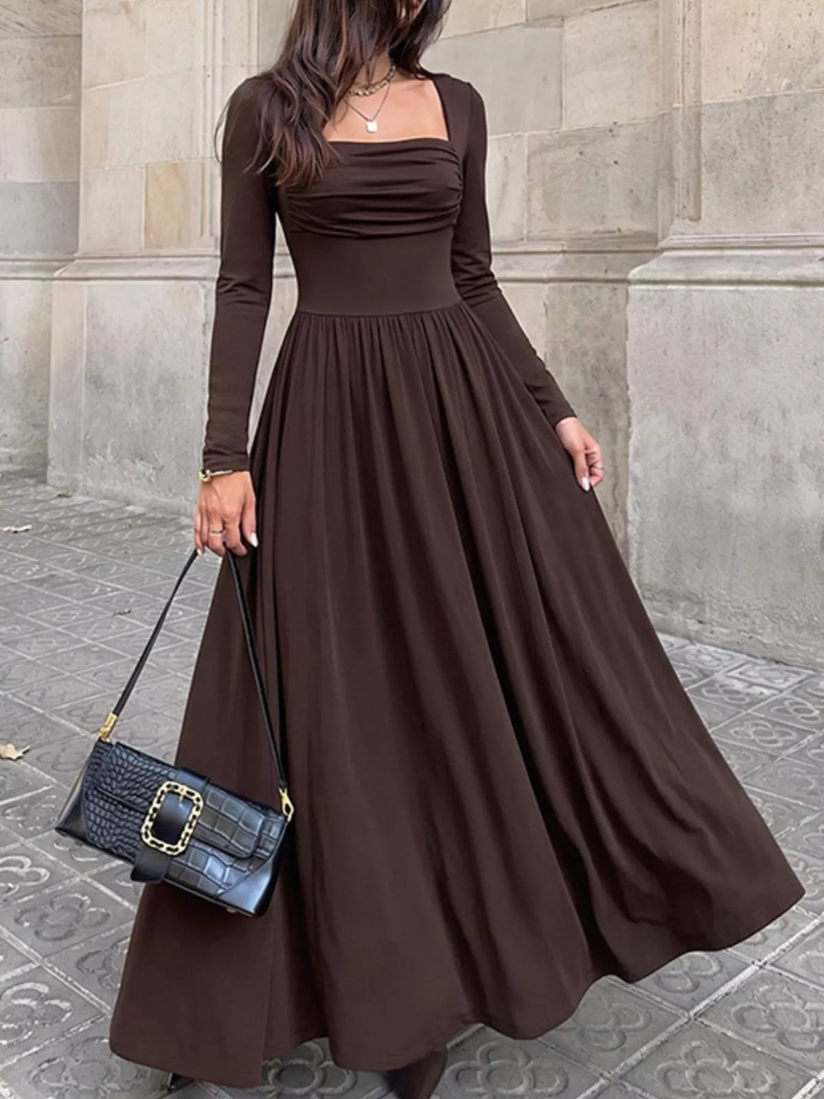 Ruched Square Neck Long Sleeve Maxi Dress in Coffee Brown