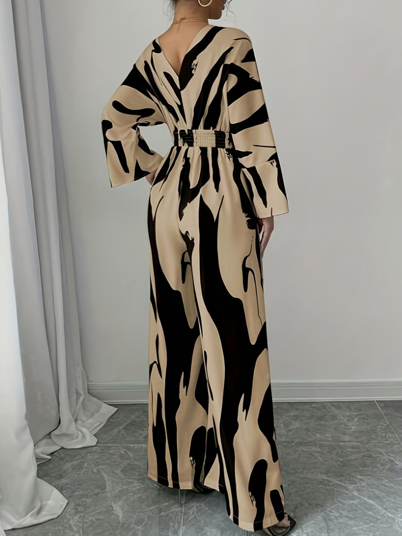 Abstract Print Belted Jumpsuit in Khaki