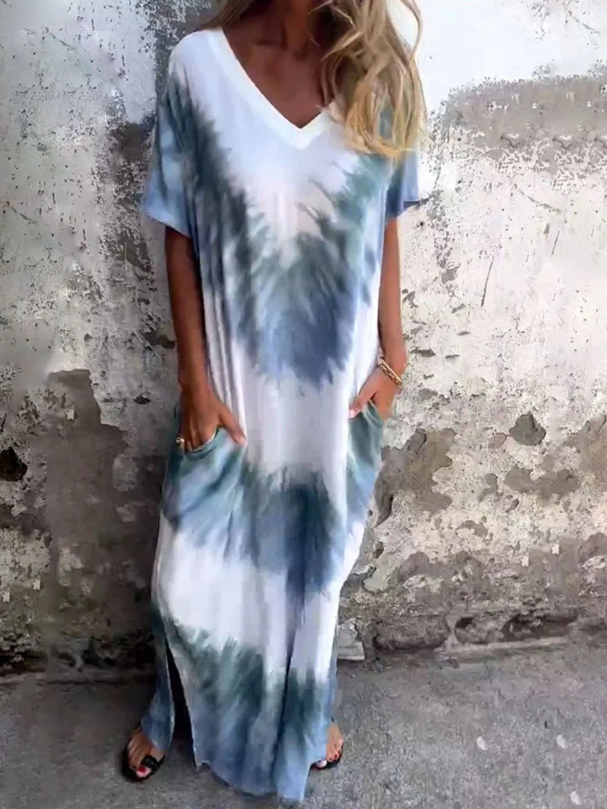 Tie-Dye V-Neck Midi Dress with Pockets