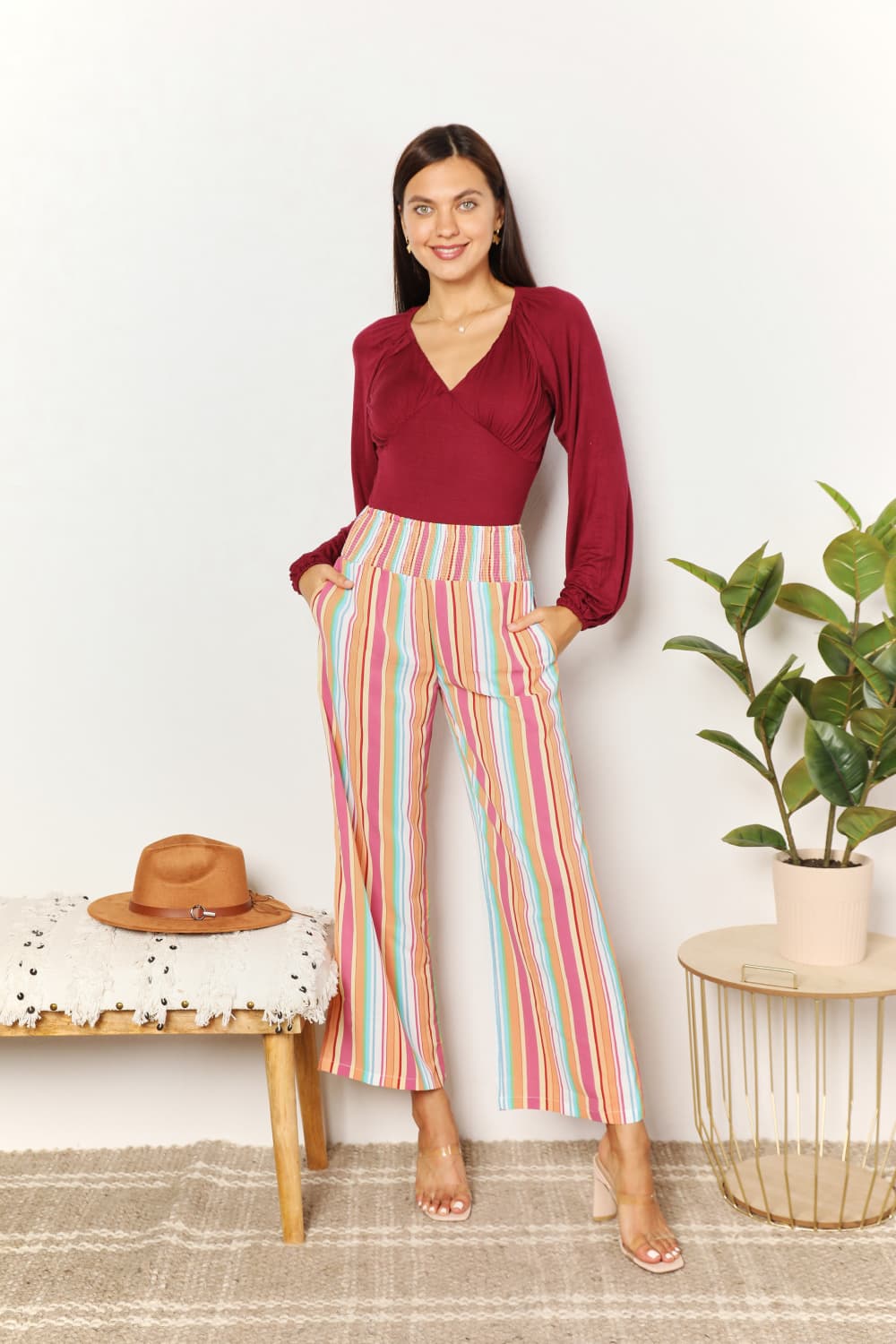 Double Take Striped Smocked Waist Pants with Pockets in Multicolor